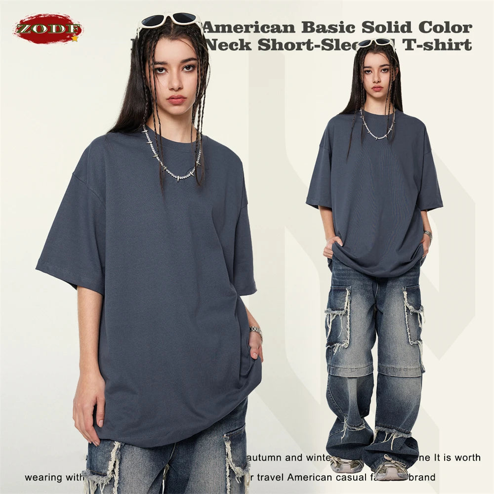 ZODF 2024 Heavy-Weight 345gsm Basic Solid T-Shirts For Men Unisex Women Summer Loose 100% Cotton T Shirt Brand Clothes HY0771