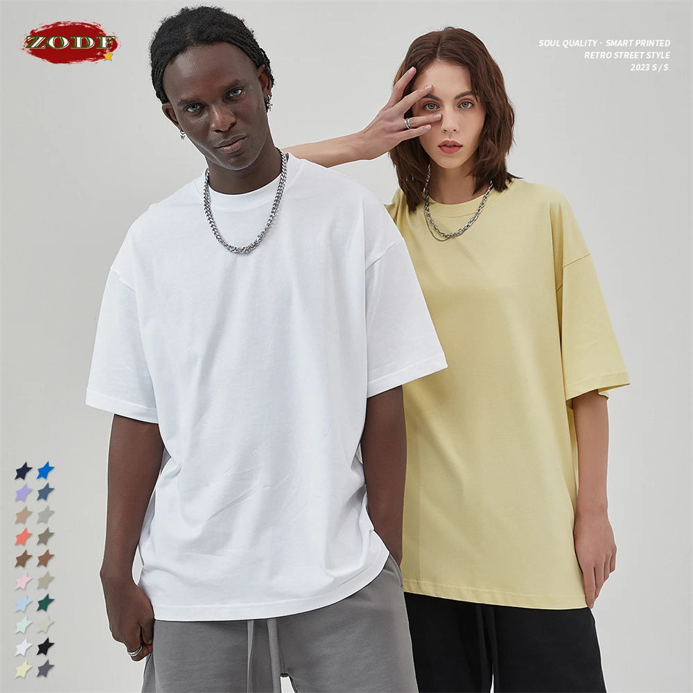 ZODF 2025 Spring Summer Men Solid 100% Cotton T-Shirts Unisex Women Loose 230gsm Noshrink Basic T Shirt Brand Tops HY0151