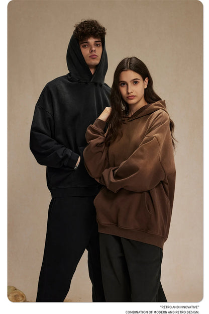 ZODF Retro Men's Heavyweight Gradient Washed Hoodies Unisex Loose Distressed Holes 450gsm Knitted Hooded Pullovers HY0891