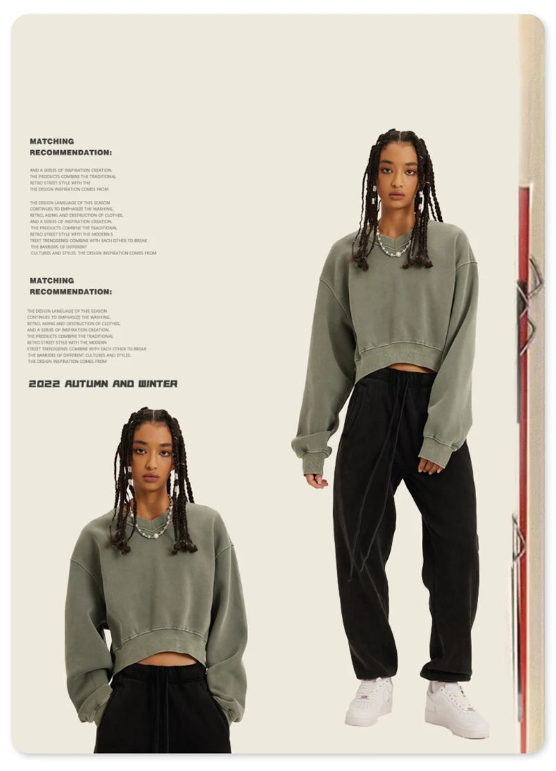 ZODF Winter Women Short Fleece Cropped Sweatshirts Girls Female Hip Hop Loose 400gsm V-Neck Pullovers Brand Tops HY0437