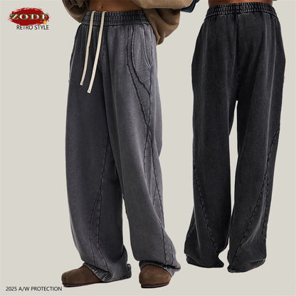 ZODF Retro 2025 Autumn Man Washed Cotton Straight Pants Unisex 430gsm Distressed Patchwork Oversized Trousers Sweatpants HY1168