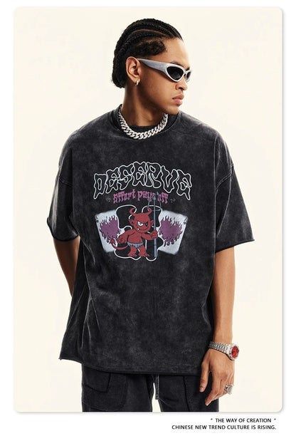 ZODF America Retro Summer 100% Cotton T-Shirts For Men Unisex Washed 310gsm Comfortable High Street Printing T Shirt Tops HY0862