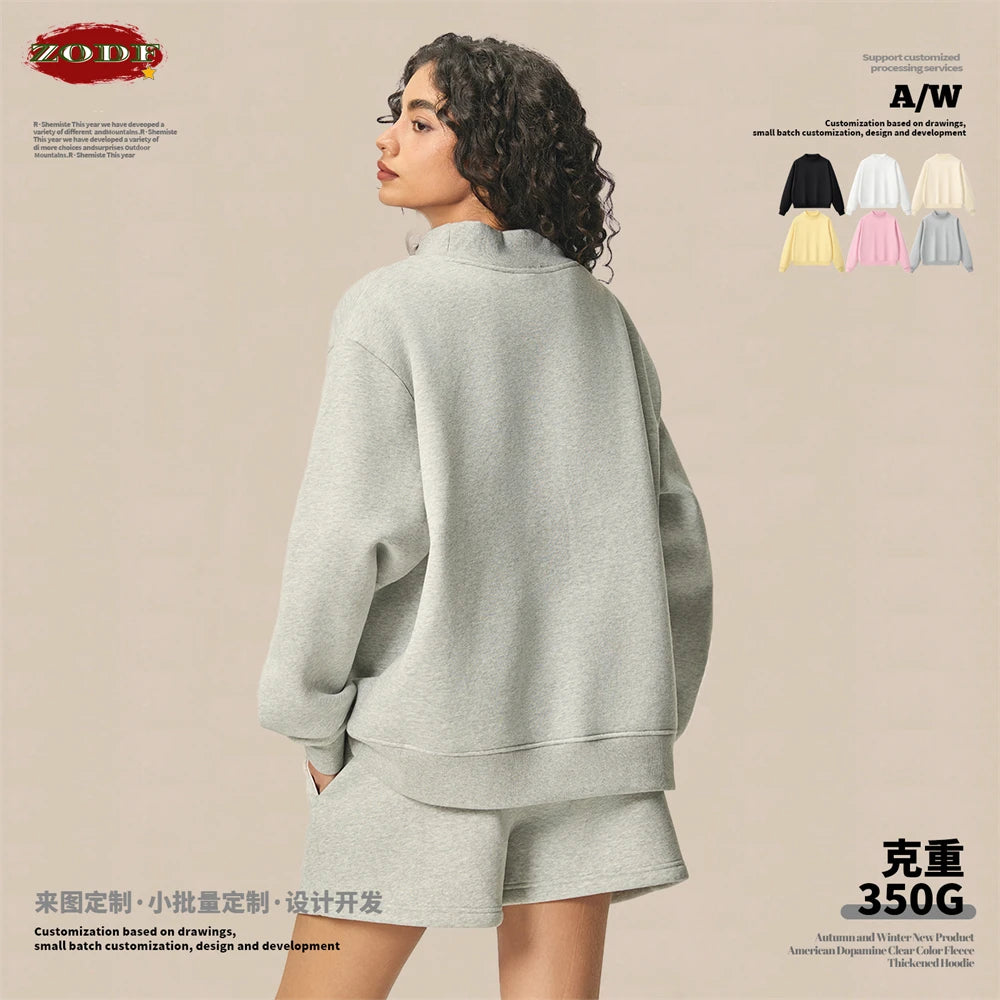 ZODF 2025 Winter Women 350gsm Warm Fleece Sweatshirts Girls Female Hip Hop Half Turtleneck Pullovers Brand Clothing HY056