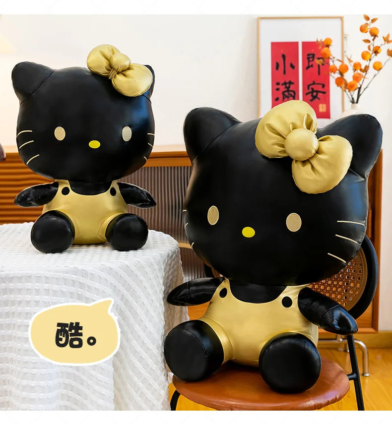 Cute Hello Kitty Plush Toy Black Gold Leather Cute Stuffed Animal Doll Kids Birthday Xmas Gift for Girls Plushie Pillow Present