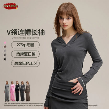 ZODF Sexy Women Autumn Washed 275gsm Hooded T Shirt Ladies Girls Slim Fit Distressed Side Pleated T-Shirts Tees HY1149