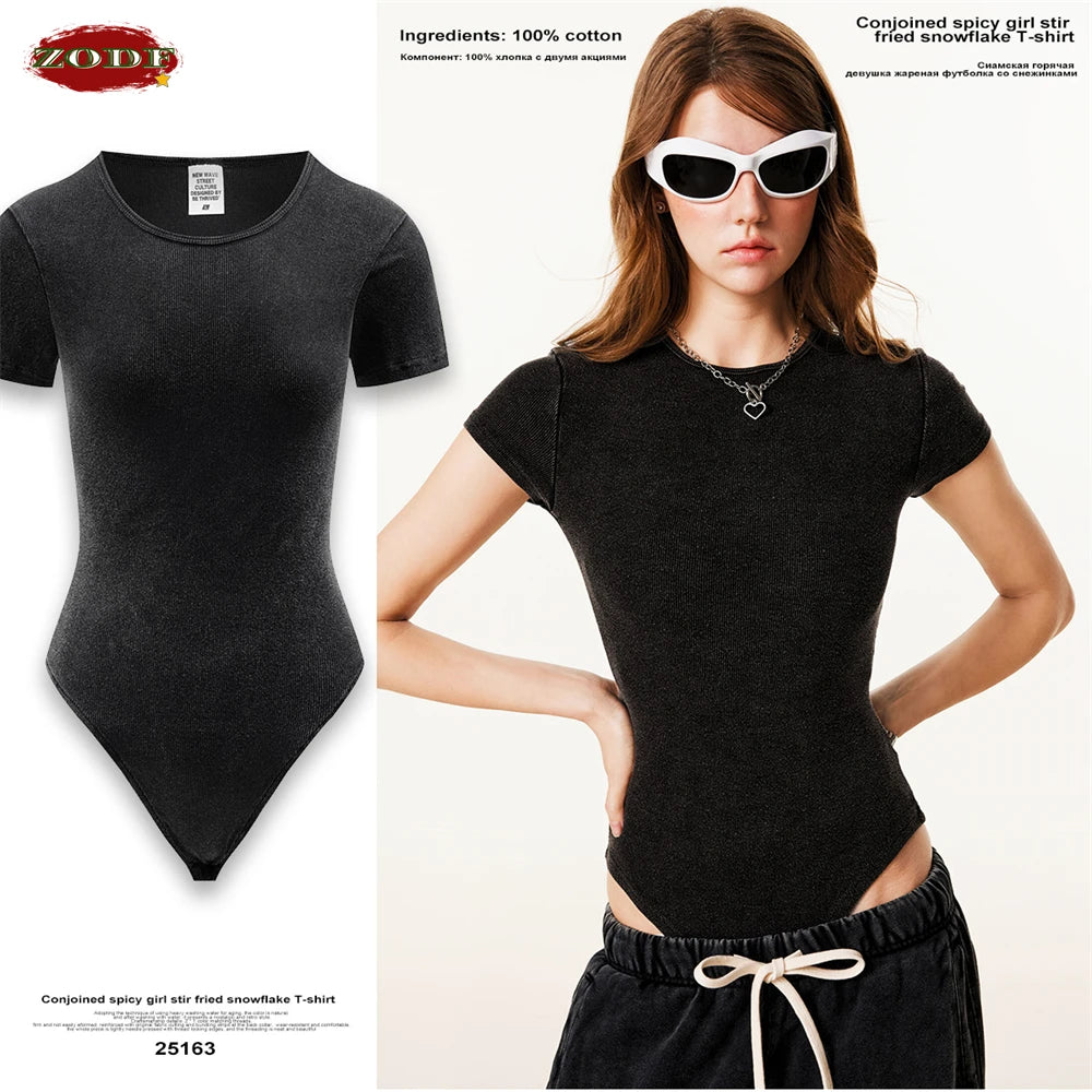 ZODF Hotsweet 2025 Women Washed Short Sleeve Bodysuits Sexy Girls Female 275gsm Slim Fit Distressed TEE Brand Tops HY1058