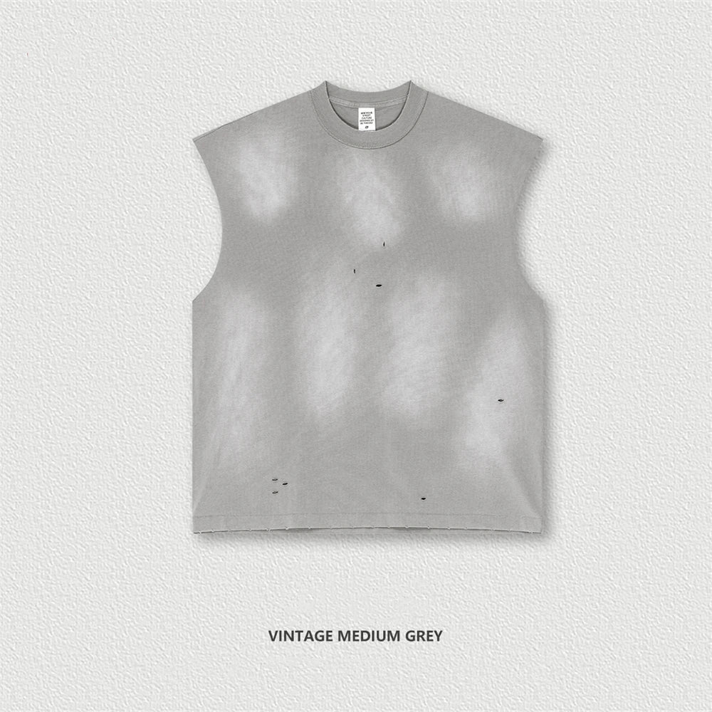 ZODF 2025 Summer 285gsm Washed Tank Tops For Men Unisex American Retro Cut Distressed Oversized Sleeveless TEE Vest HY1006