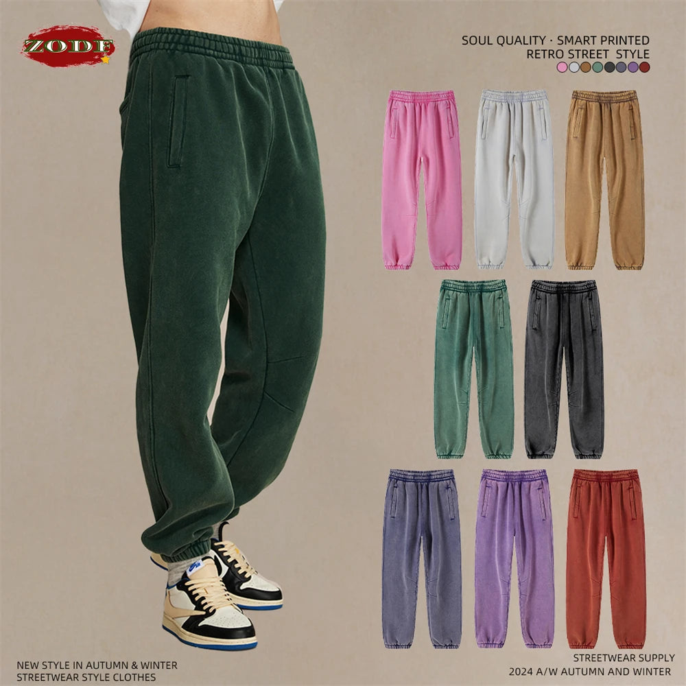ZODF Retro Winter 360gsm Batik Washed Fleece Sweatpants Unisex Loose Drawstring Warm Joggers HY0714