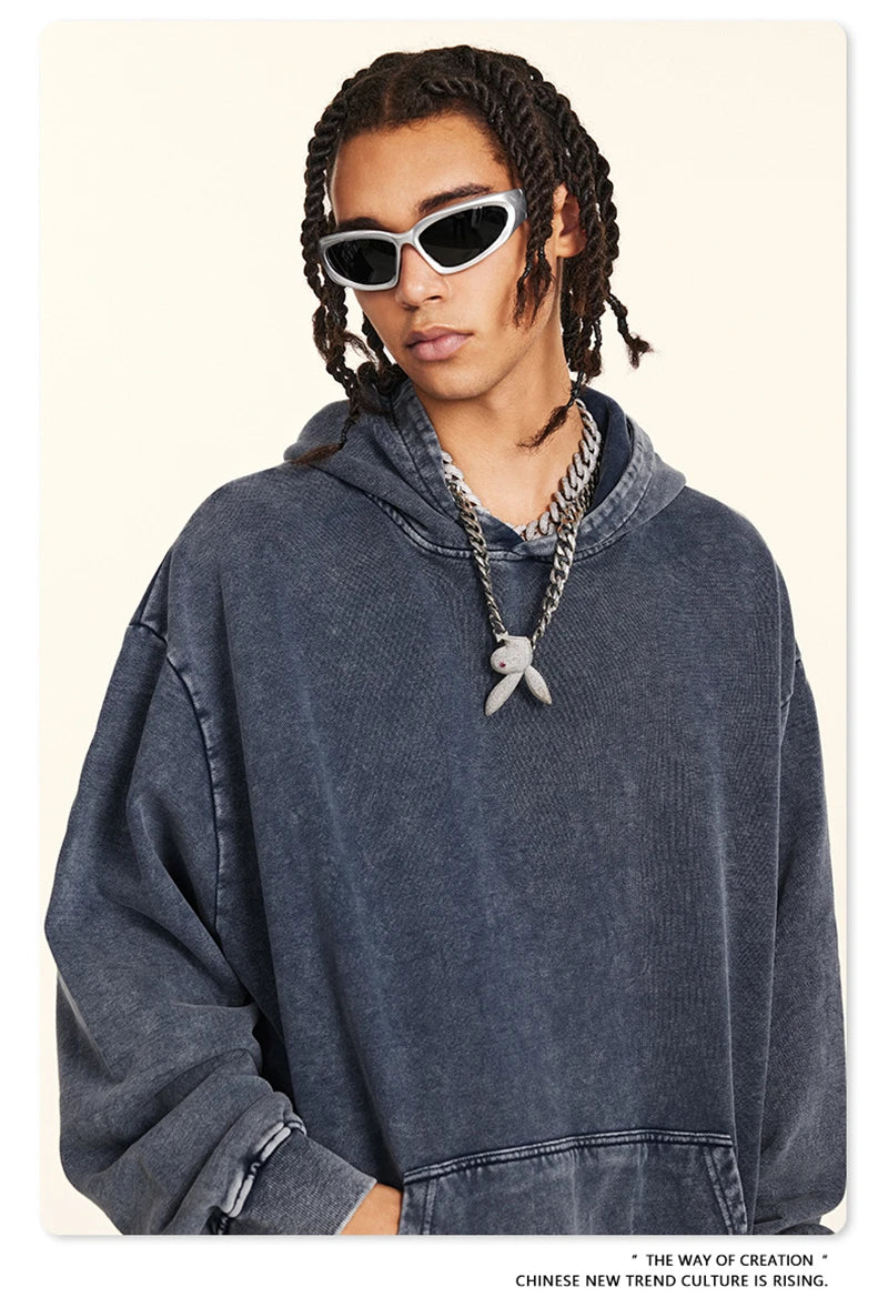 ZODF Retro Men Heavyweight Washed Cotton Hoodies Unisex Loose Thick 420gsm Hooded Sweatshirts Pullovers Coats HY0466