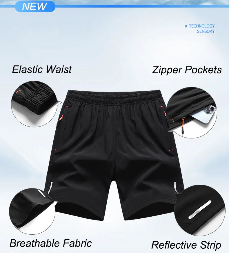 Chrlck Men’s Reflective Quick-Dry Running Shorts Breathable Ice Silk Fishing Pants Large Size M-8XL - Black