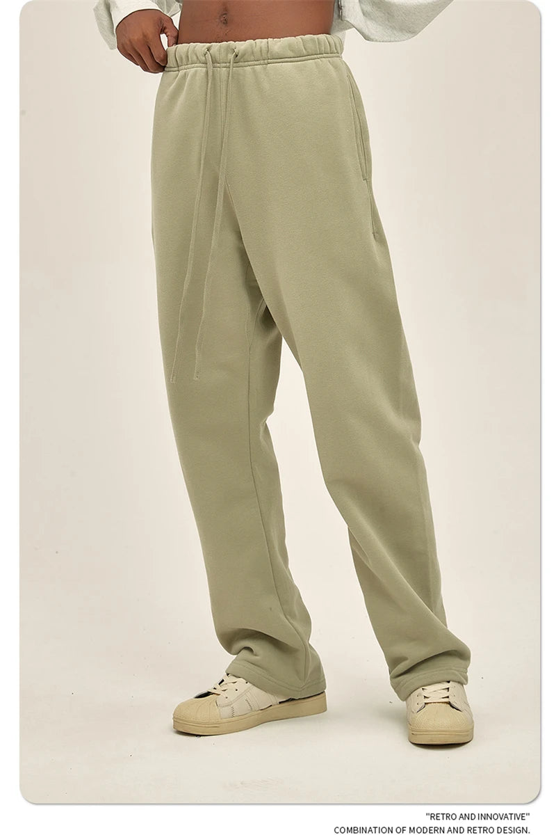 ZODF Fashion 2024 Men Loose Straight Pants Unisex 365gsm Retro Comfortable Sport Solid Drawstring Trousers HY0588