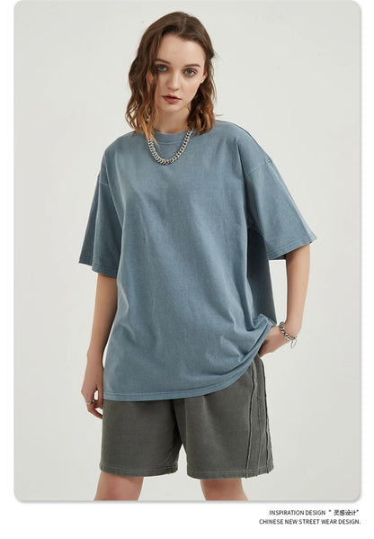 ZODF Men 2024 Retro Summer Washed Solid Cotton T-Shirts Unisex Retro Loose High Street 250gsm Basic Tees Streerwears HY0075