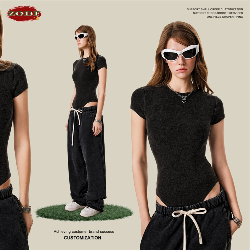 ZODF Hotsweet 2025 Women Washed Short Sleeve Bodysuits Sexy Girls Female 275gsm Slim Fit Distressed TEE Brand Tops HY1058