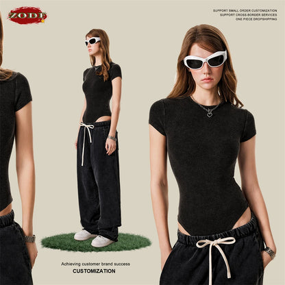 ZODF Hotsweet 2025 Women Washed Short Sleeve Bodysuits Sexy Girls Female 275gsm Slim Fit Distressed TEE Brand Tops HY1058