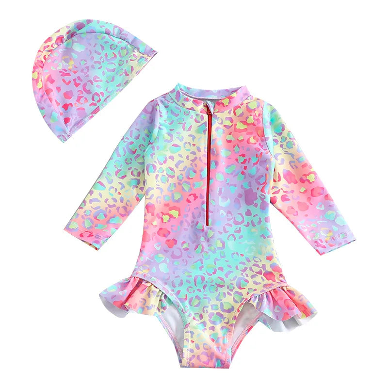 Toddler Girls Swimsuit with Sun Hat Set 1 to 2 3 4 5 6 Years Leopard Ruffle Sleeve Zip Up One-pieced Swimwear Beachwear for Baby