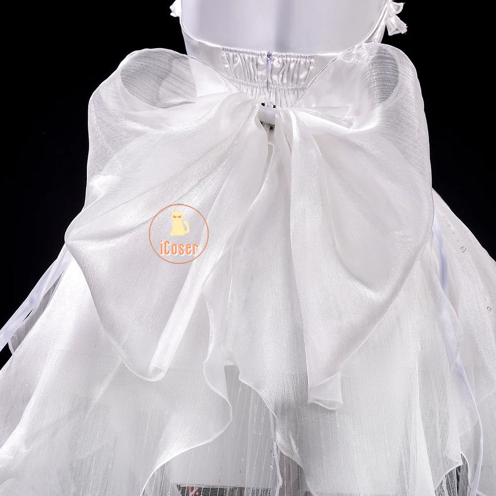 Wuthering Waves Phrolova Cosplay Costume Wig Dress White Spider Lily Layered Gown Headwear Halloween Party for Women Girls Props