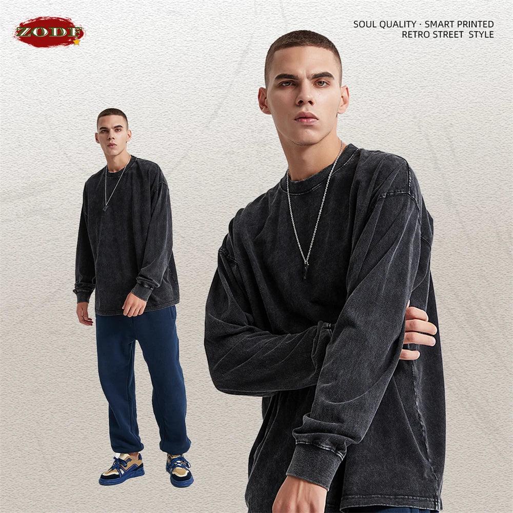 ZODF Retro Men Long Sleeve Washed Cotton T Shirt Unisex Loose 250gsm Basic Atumn TEES Tops Brand Streetwears HY0394
