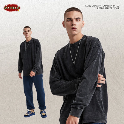 ZODF Retro Men Long Sleeve Washed Cotton T Shirt Unisex Loose 250gsm Basic Atumn TEES Tops Brand Streetwears HY0394
