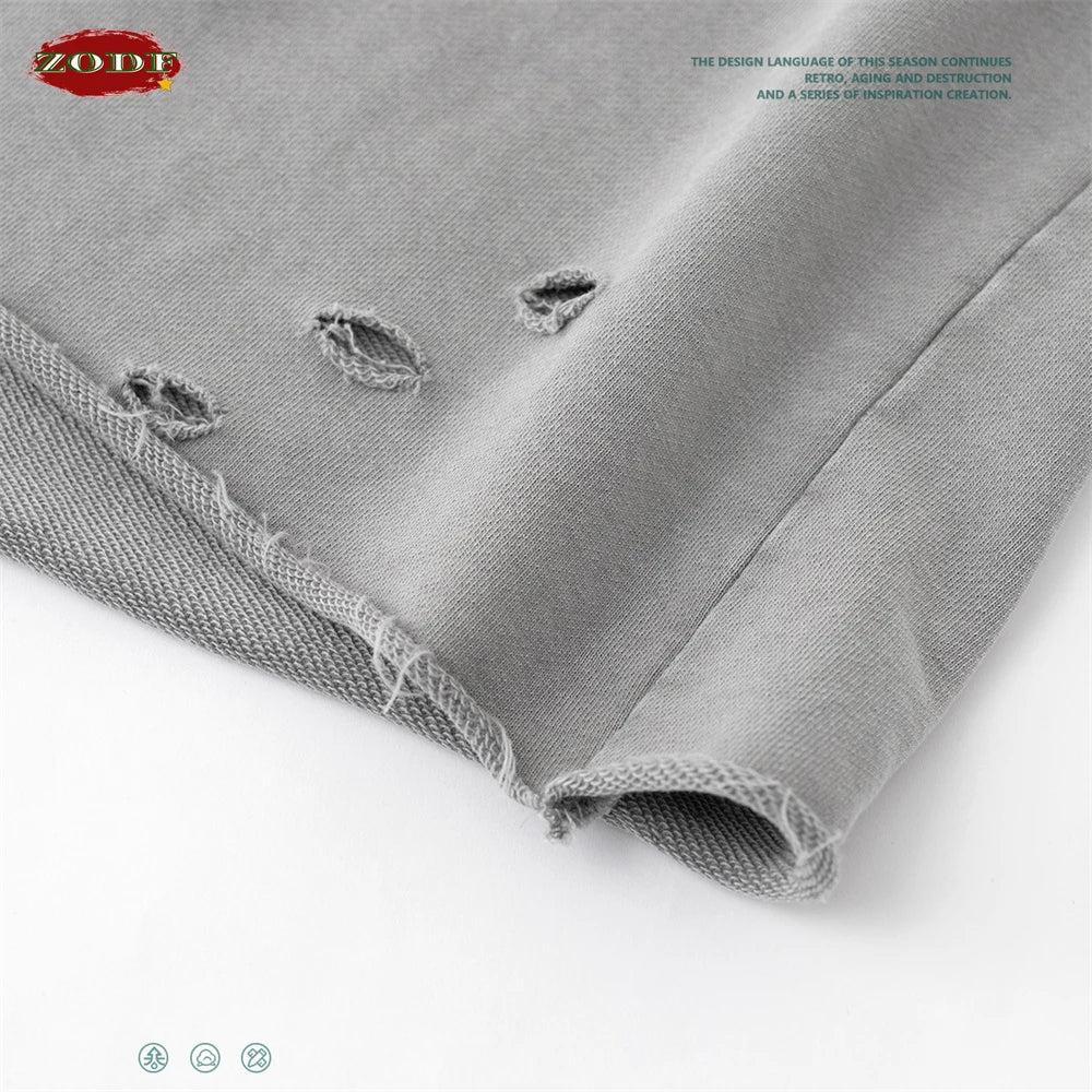 ZODF 2025 Men Summer Heavy Weight Washed 330gsm Cotton T-shirt Unisex High Street Distressed Holes Oversized T Shirts Tee HY0984