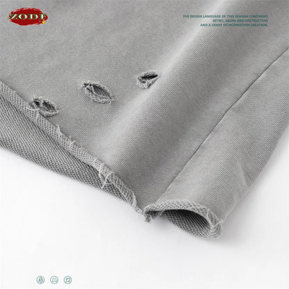 ZODF 2025 Men Summer Heavy Weight Washed 330gsm Cotton T-shirt Unisex High Street Distressed Holes Oversized T Shirts Tee HY0984