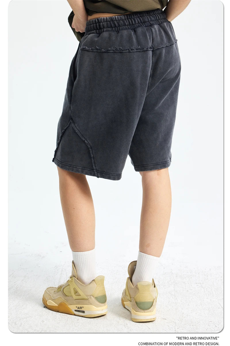 ZODF Retro Men Heavy-Weight Washed 430gsm Shorts Unisex High Street Patchwork Summer Distressed Cotton Shorts HY1035