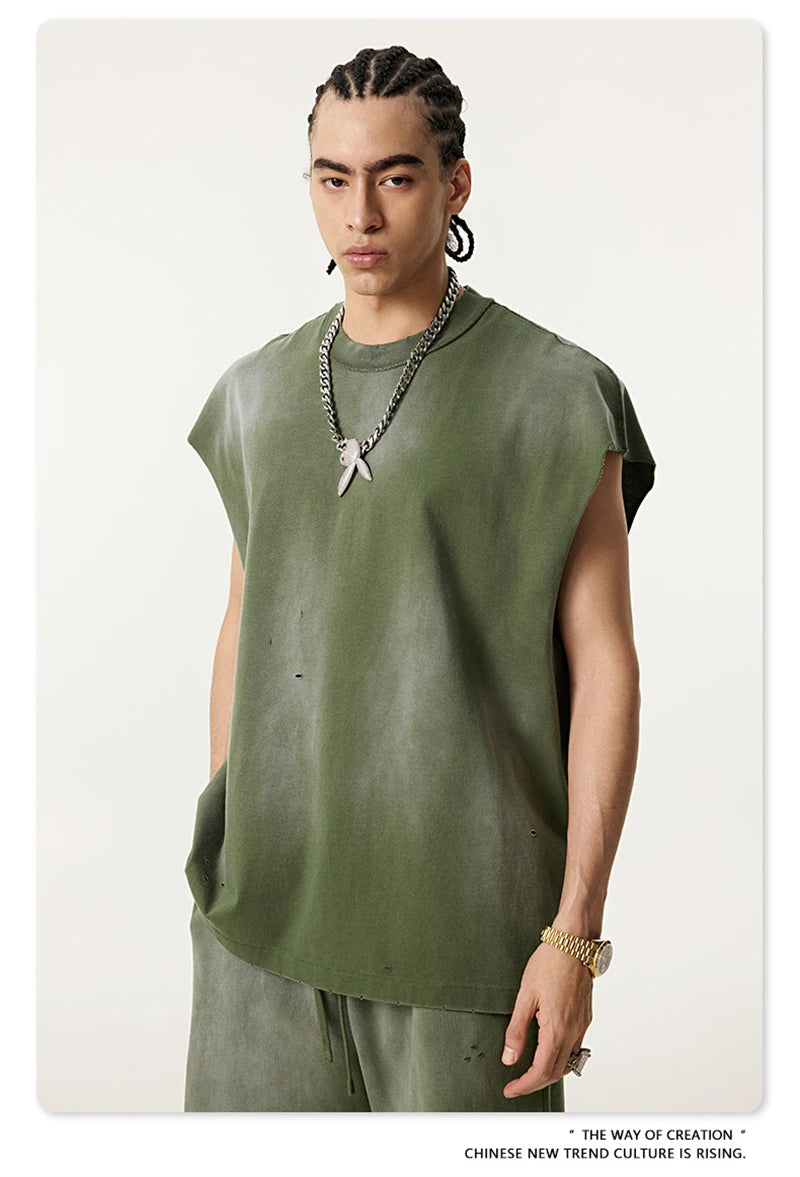 ZODF 2025 Summer 285gsm Washed Tank Tops For Men Unisex American Retro Cut Distressed Oversized Sleeveless TEE Vest HY1006