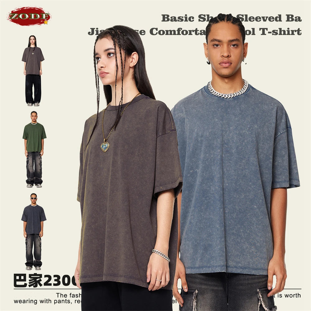 ZODF Vintage 2024 Summer Men Washed Solid 230gsm T-Shirts Unisex Ripped Breathable Quick Dry Cooling Feeling T Shirt Tees HY0801
