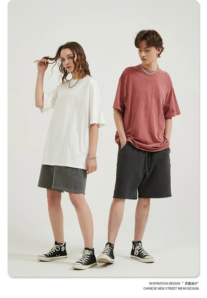 ZODF Men 2024 Retro Summer Washed Solid Cotton T-Shirts Unisex Retro Loose High Street 250gsm Basic Tees Streerwears HY0075