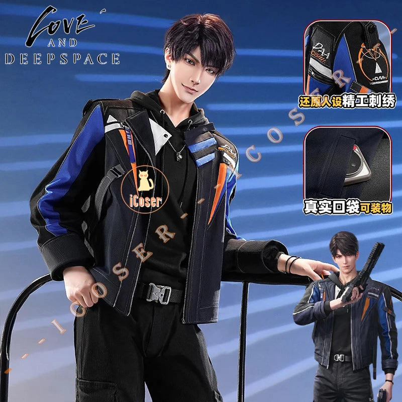 iCoser Love and Deepspace Caleb Cosplay Costume Wig Flying Jacket Uniform Necklace Halloween Party for Women Men Carnival Props