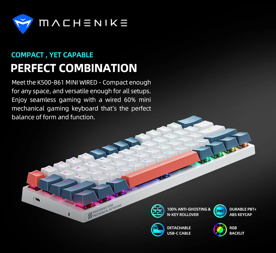 K500-B61 Machenike Mini Mechanical Keybaord 60% Form Factor 61Keys Gaming Keybaord Wired Full Key Hot-Swappable RGB Backlit