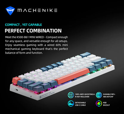 K500-B61 Machenike Mini Mechanical Keybaord 60% Form Factor 61Keys Gaming Keybaord Wired Full Key Hot-Swappable RGB Backlit