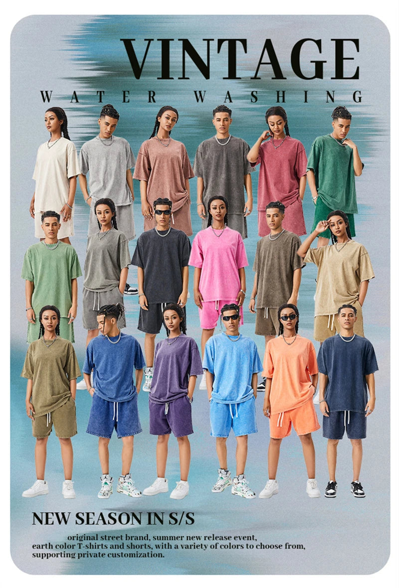 ZODF Men's Summer Batik Washed 250gsm T Shirts Retro Vintage Unisex Basic Loose Solid Cotton T-Shirt Brand Tops 2024 New HY0753