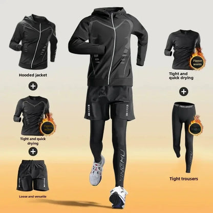 Men’s Winter Fleece-Lined Quick-Dry Warm-Up Sports Set for Running Cycling Fitness Training - sci-fi 5-pcs / XL