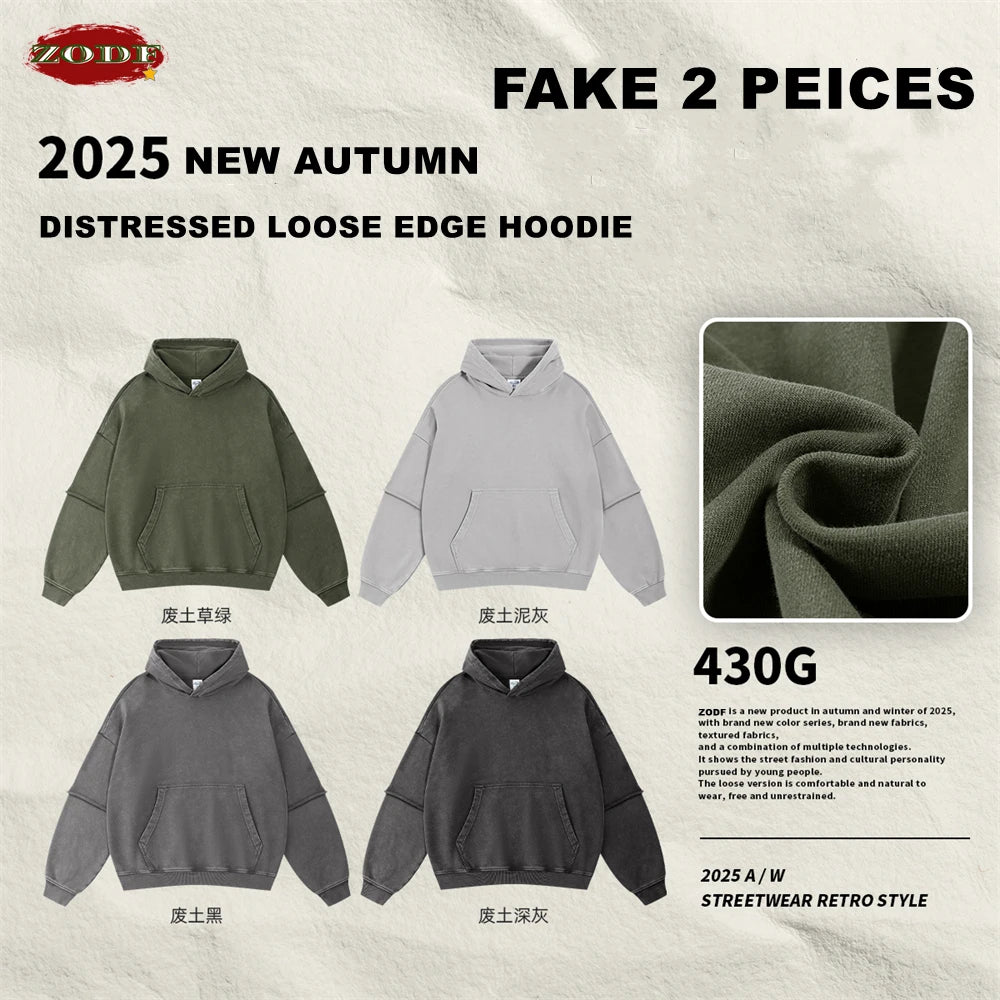 ZODF New Autumn Men's Washed Heavy Weight Cotton Hoodies Unisex Retro Fake 2 Peice 430gsm Loose Edge Hooded Pullovers HY1082