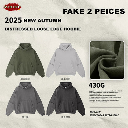 ZODF New Autumn Men's Washed Heavy Weight Cotton Hoodies Unisex Retro Fake 2 Peice 430gsm Loose Edge Hooded Pullovers HY1082