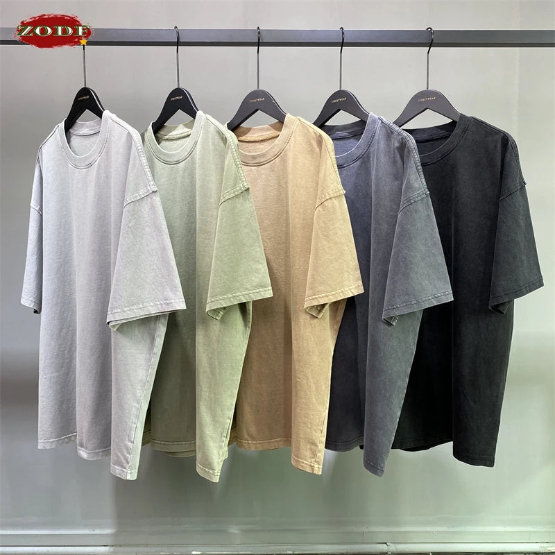 ZODF New Spring Summer Washed Cotton Solid T Shirts For Men Unisex High Street Loose Edge Oversized Noshrink T-Shirt Tee HY0465
