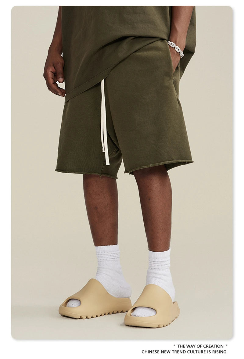 ZODF New Summer Men Retro Washed Shorts Unisex Drawstring Loose Edge 420gsm Solid Knee Length Cotton Pants Streetwears HY0589