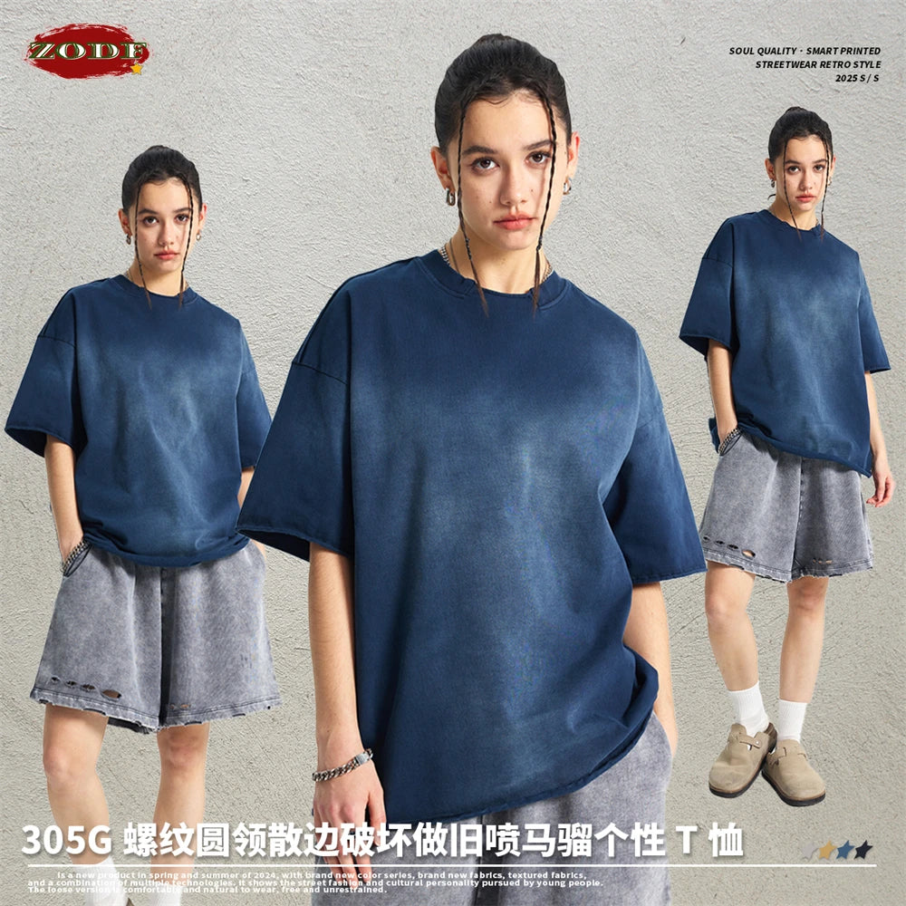 ZODF Retro Summer Men Washed 100% Cotton T-Shirts Unisex High Street Oversized Distressed Broken Neck T Shirt Brand Tees HY1050