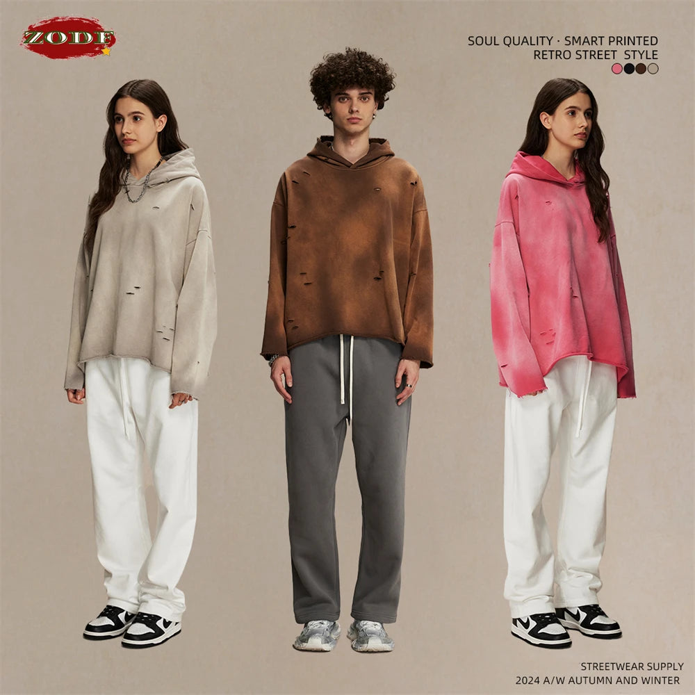 ZODF New Autumn Winter Men Monkey Washed Hoodies Unisex Disstressed Ripped Heavyweight Knitted 450gsm Hooded Pullovers HY0909