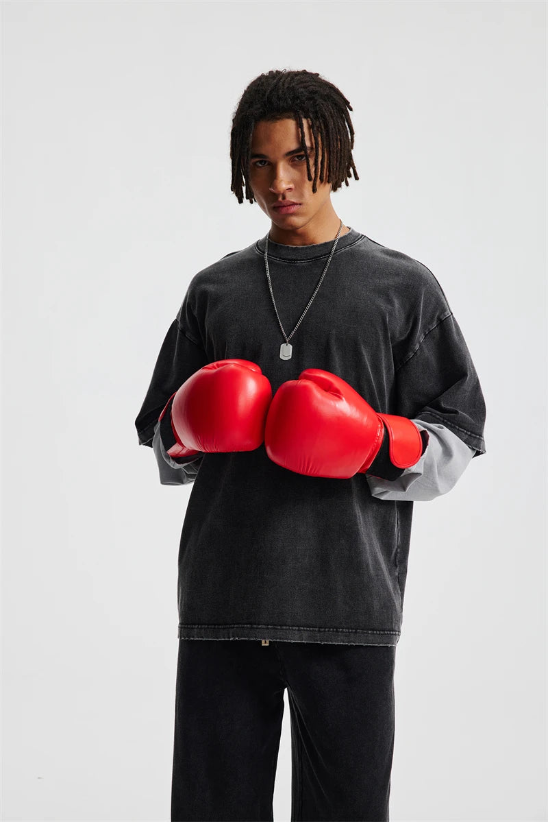 ZODF Retro Fake 2-Piece Cotton T-Shirts For Man Unisex Distressed Full Sleeve Washed O Neck T Shirt Brand Tees HY1156