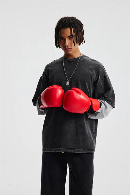 ZODF Retro Fake 2-Piece Cotton T-Shirts For Man Unisex Distressed Full Sleeve Washed O Neck T Shirt Brand Tees HY1156