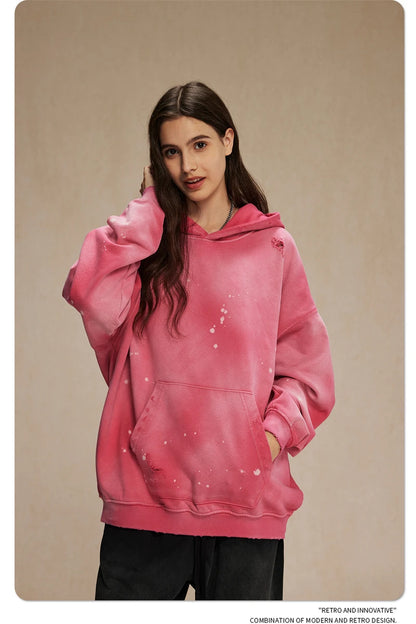 ZODF Autumn Winter Spray Dyeing Ink Splashing Hoodies For Men Unisex 450gsm Washed Oversized Knitted Hooded Pullovers HY0908