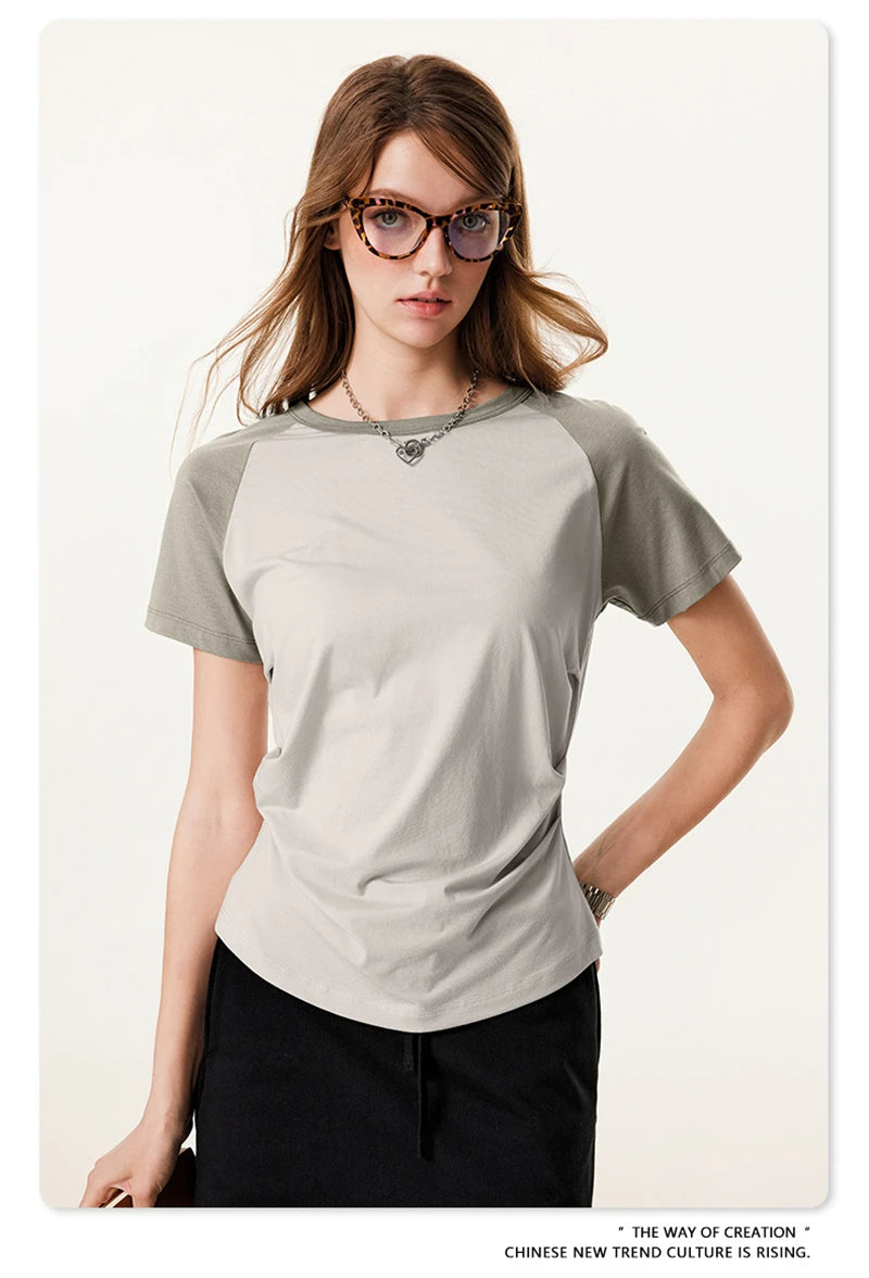 ZODF Hotsweet Summer Women Raglan Sleeve T-Shirts Girls Slim Fit 150gsm Casual Patchwork O Neck T Shirt Brand Tees HY1021