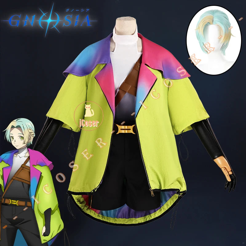 Anime Gnosia Yuri Cosplay Costume Wig Green Jacket Uniform Carnival Halloween Party for Women Men Girls Role Play Outfit Props