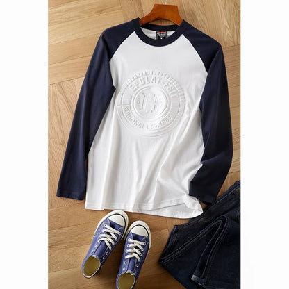 Summer New American Retro Long-sleeved O-neck 3D Letter Printed T-shirt Men's Fashion Simple 100%Cotton Washed Casual Sport Tops