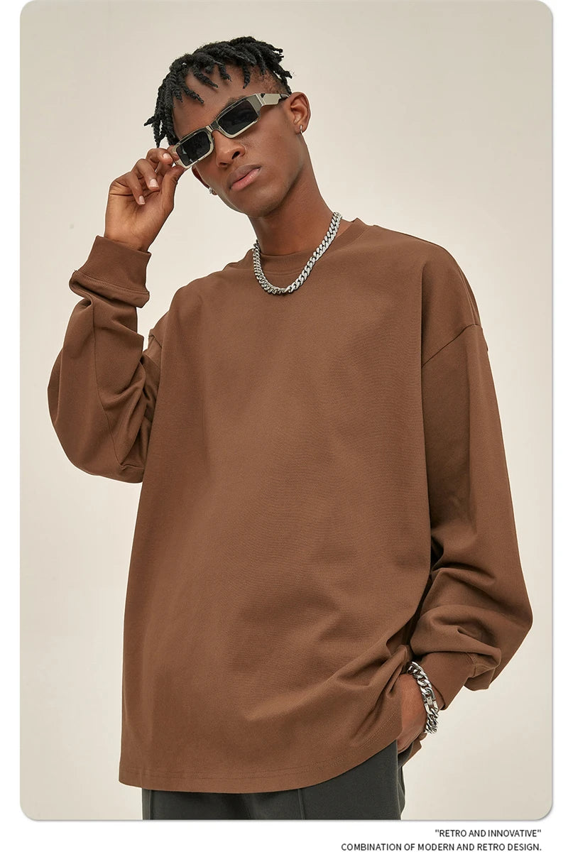 ZODF New 2025 Autumn Men 305gsm 100% Cotton T Shirt Unisex Loose Heavy Weight Basic Long Sleeve Solid T-Shirts Tops HY0634