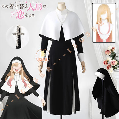Anime My Dress-Up Darling Marin Kitagawa Cosplay Costume Nun Dress Uniform Hat Necklace Season 2 Halloween Party for Women Girls