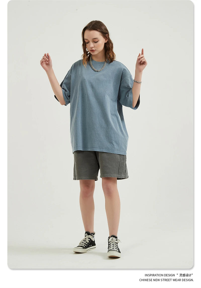 ZODF Men 2024 Retro Summer Washed Solid Cotton T-Shirts Unisex Retro Loose High Street 250gsm Basic Tees Streerwears HY0075