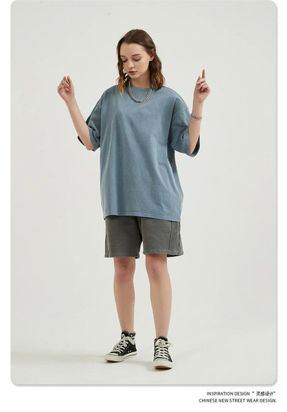 ZODF Men 2024 Retro Summer Washed Solid Cotton T-Shirts Unisex Retro Loose High Street 250gsm Basic Tees Streerwears HY0075