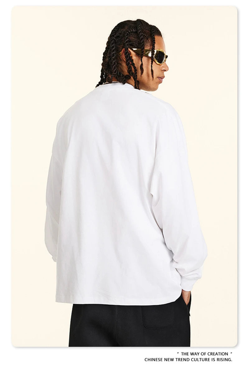 ZODF New 2024 Autumn 225gsm Loose Solid T-Shirt For Men Retro Unisex Antibacterial Full Sleeve T Shirts Brand Tops HY0871